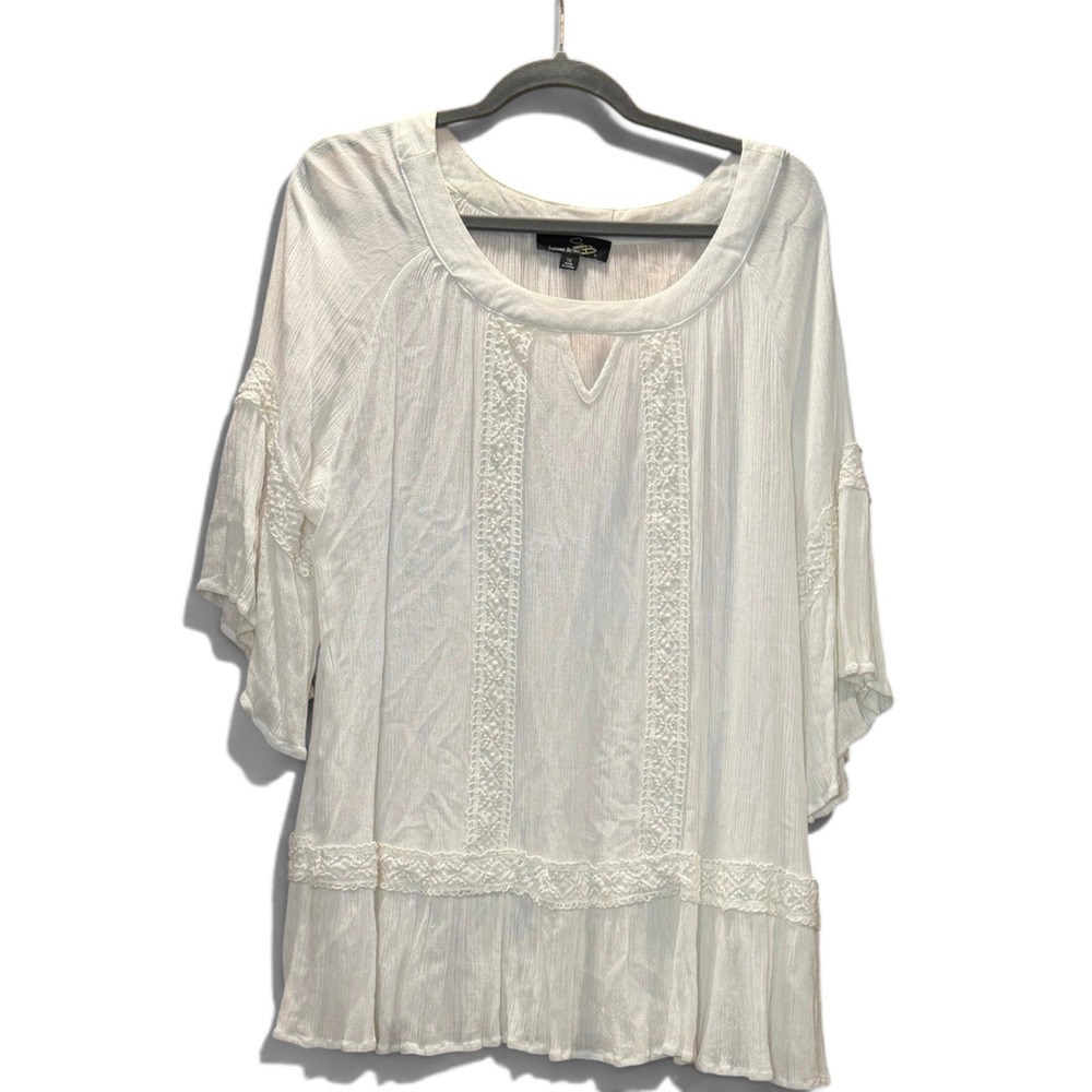 Suzanne Betro White Crochet Lace Crinkle Gauze Tunic Top 1X Ethereal Boho Whimsy